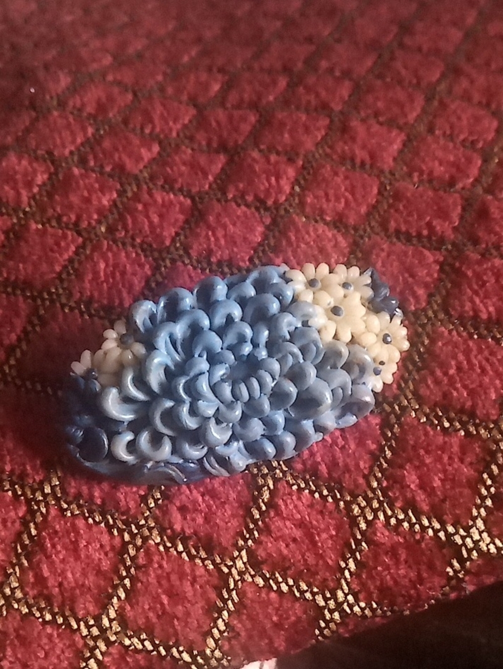 Vintage Brooch Blue and White Floral Hardened Paper Mache.